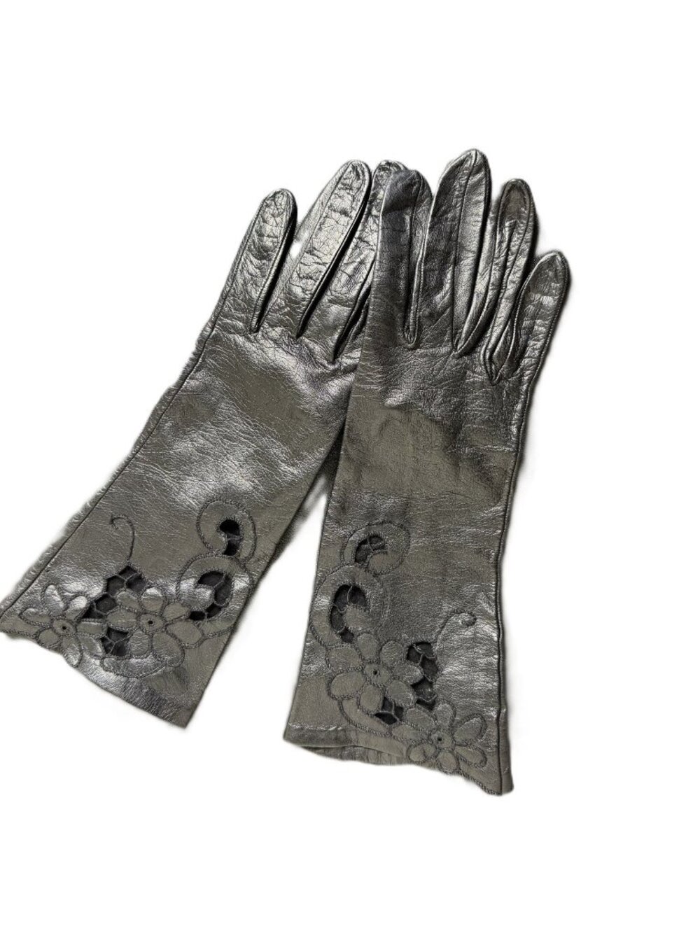 Vintage Black Cutwork Faux-Leather Gloves, Sheer Floral Cutouts